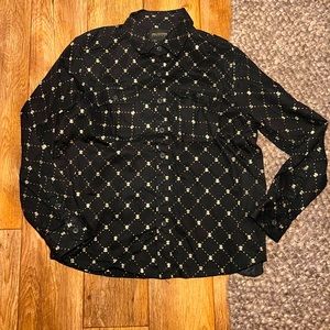 Drill Black Jeans Button Down Shirt- Men’s L-Metallic Gold Foil Bumble Bee Print